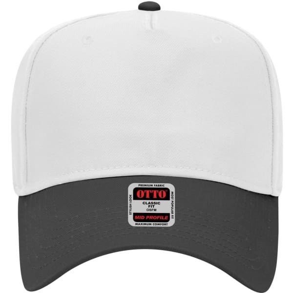 A mid crown baseball cap in white and black, featuring a logo on the front.