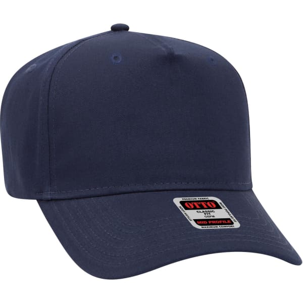 A navy blue 5-panel mid-profile baseball cap with a logo on the front.