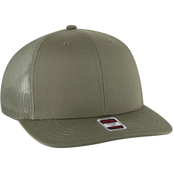 A mid-profile trucker cap in olive green with a mesh back and a logo on the front.