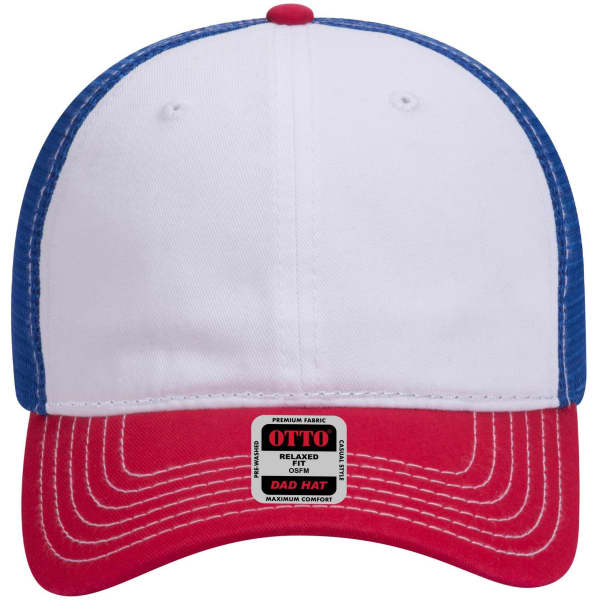 A 6 panel low profile trucker dad cap in white, blue, and red, featuring a logo on the front label.
