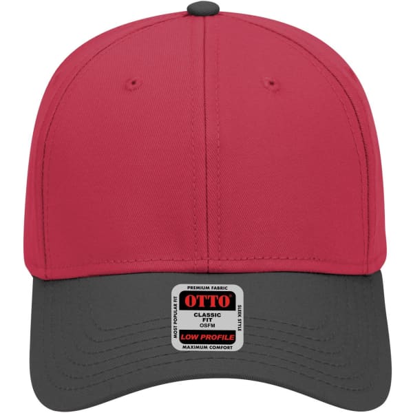 A red and grey 6 panel low profile baseball cap featuring a label on the front.