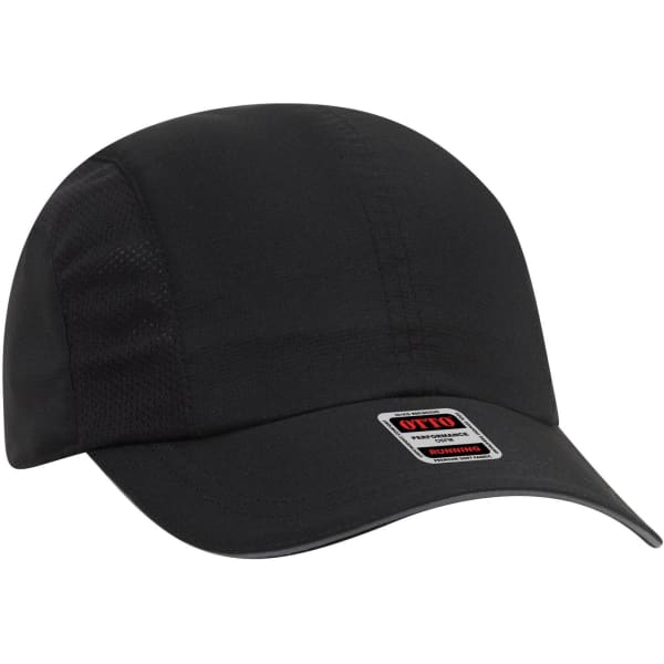 A black reflective six-panel running cap with a structured design and a logo.