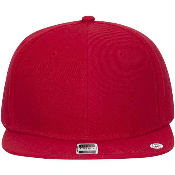 A red snapback cap featuring a flat brim and a logo on the side. The cap has a structured design and six panels.
