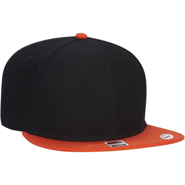 A black snapback cap with an orange undervisor and a logo on the side.