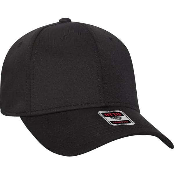 A black six-panel low profile baseball cap with a logo on the front.