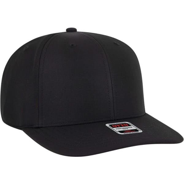 A black 6 panel mid-profile style baseball cap featuring a logo on the side.