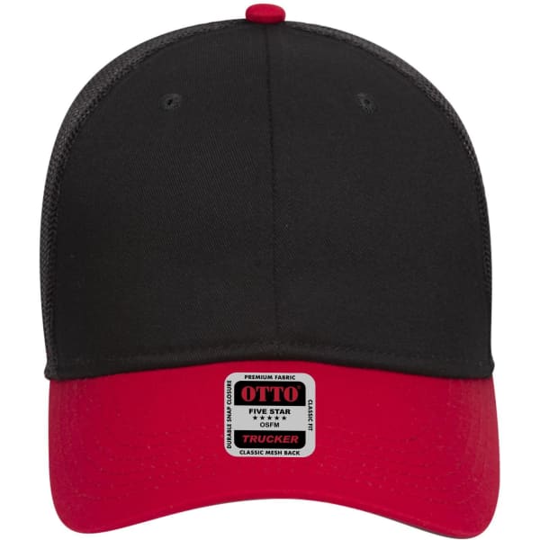 A black and red 6 Panel Low Profile Trucker Cap featuring a logo on the front.