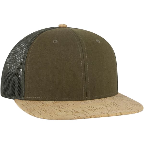 A green and tan 6-panel mid-profile trucker cap featuring a cork brim and mesh side panels, with a logo on the front.