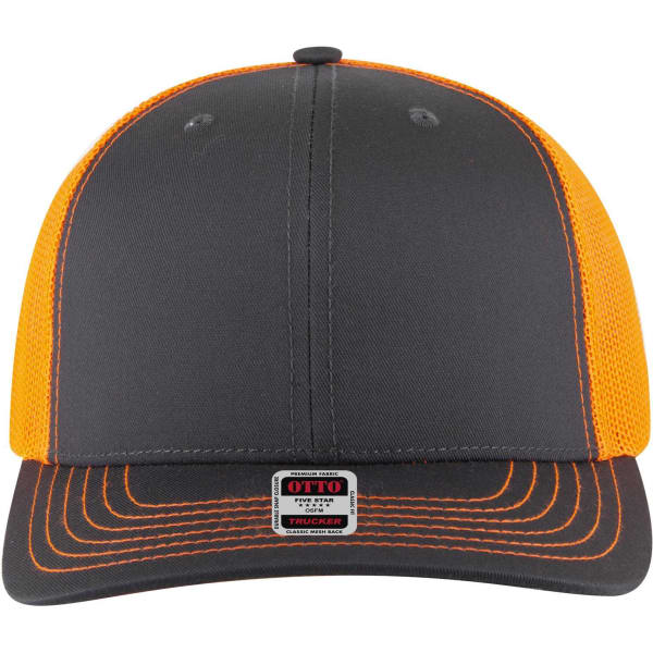 A grey and orange 6 panel mid profile trucker cap with a mesh back and a logo on the front.