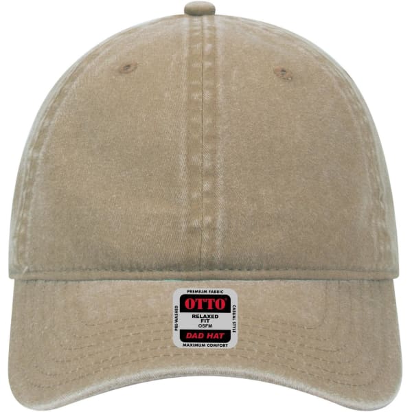 A beige 6 panel low profile dad cap with a logo and a relaxed fit design.