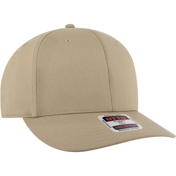 A beige 6 panel pro style snapback hat featuring a logo and a flat brim.