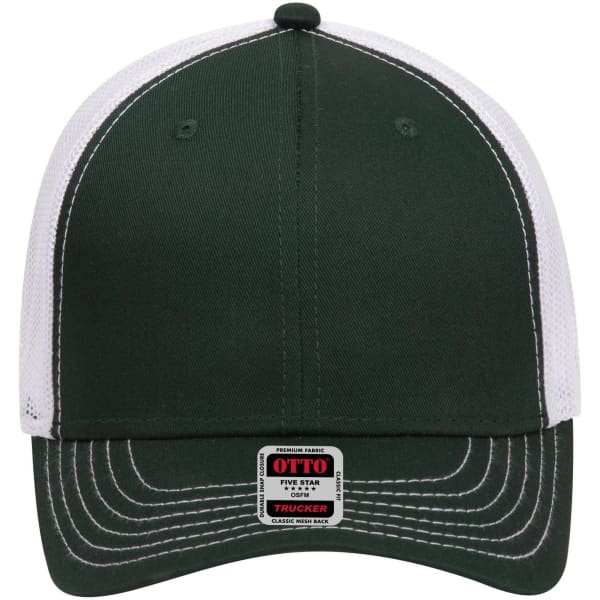 A dark green low profile trucker cap with a white mesh back and a logo on the front.