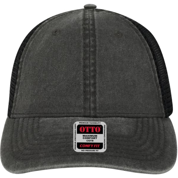 A grey trucker cap with a low profile and mesh back, featuring a logo and a comfortable fit label.