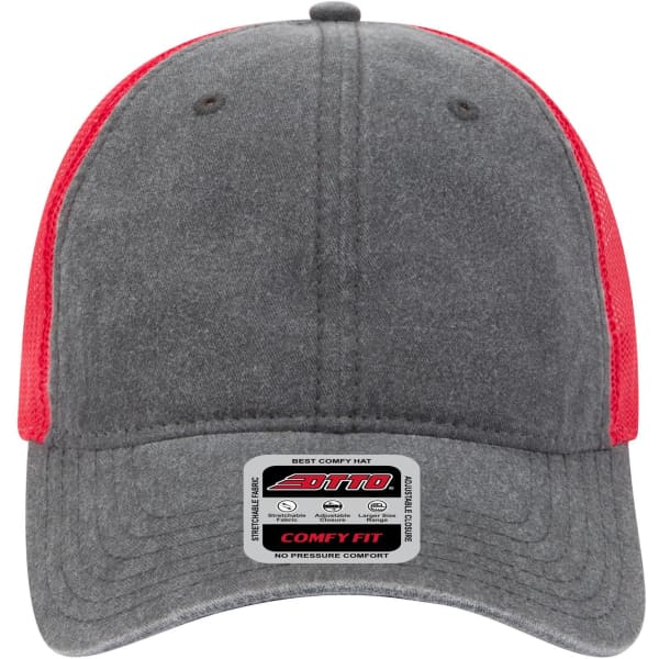 A grey and red low profile trucker cap with a curved brim and a logo on the front.