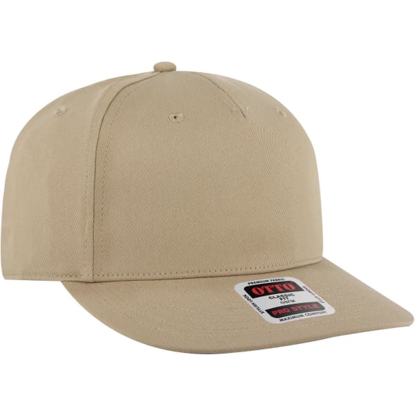 A beige 5 Panel Pro Style Snapback Hat with a rounded crown and a flat brim, featuring a logo on the front.