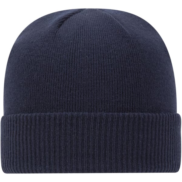 A dark navy knit beanie with a ribbed cuff and a smooth top, featuring a branding logo.