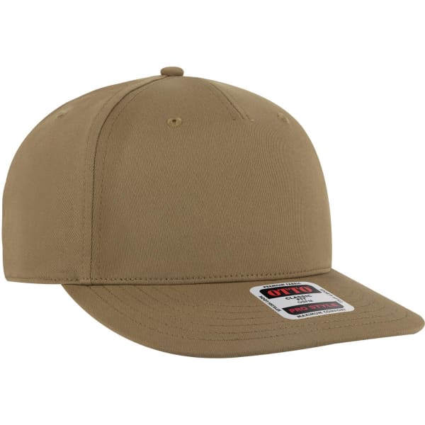A brown 5 panel pro style snapback hat featuring a flat brim and a branded tag.