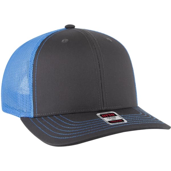 A 6-panel mid-profile trucker cap in grey with a blue mesh back and contrasting blue stitching. It features a logo.
