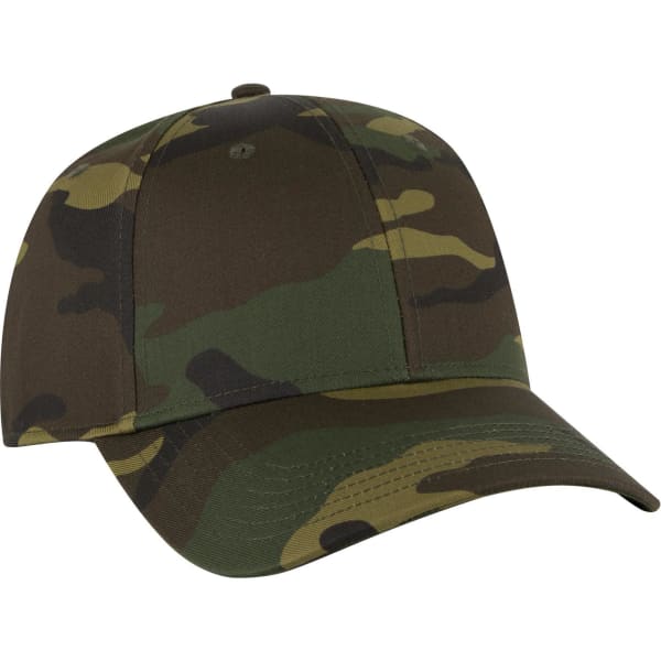 A camo 6 panel low profile baseball cap in shades of green and brown, featuring a logo on the front.