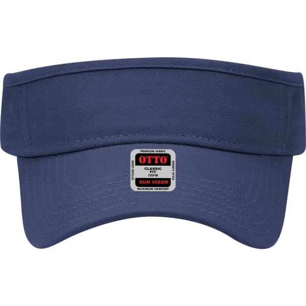 A navy sun visor with a wide brim and a logo label on the front.