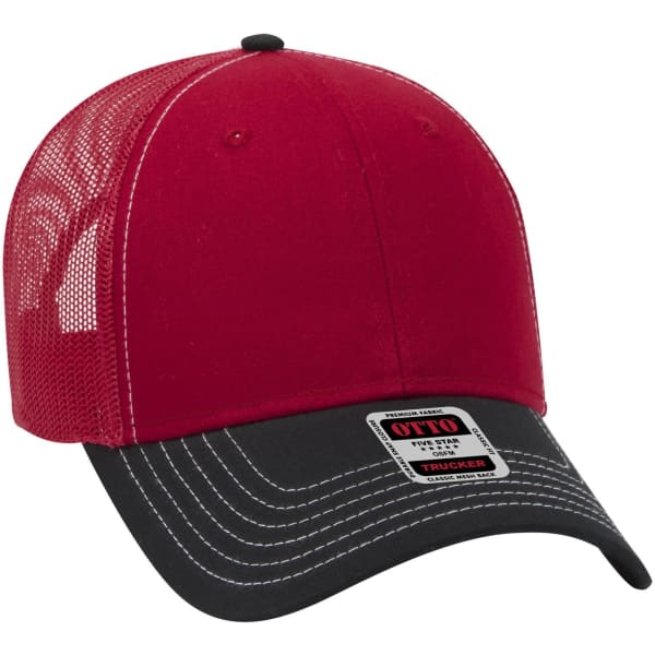 A red and black 6 panel low profile trucker cap with mesh detailing and a logo on the front.