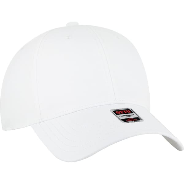 A white 6-panel low-profile baseball cap featuring a logo on the front.