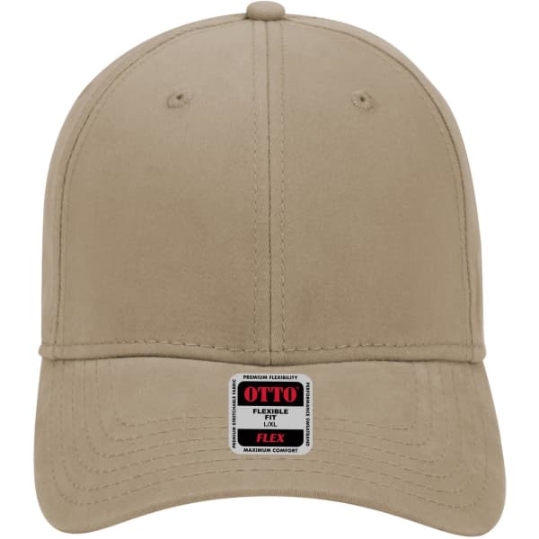 A beige 6 panel low profile baseball cap with a flexible fit and a logo on the front.