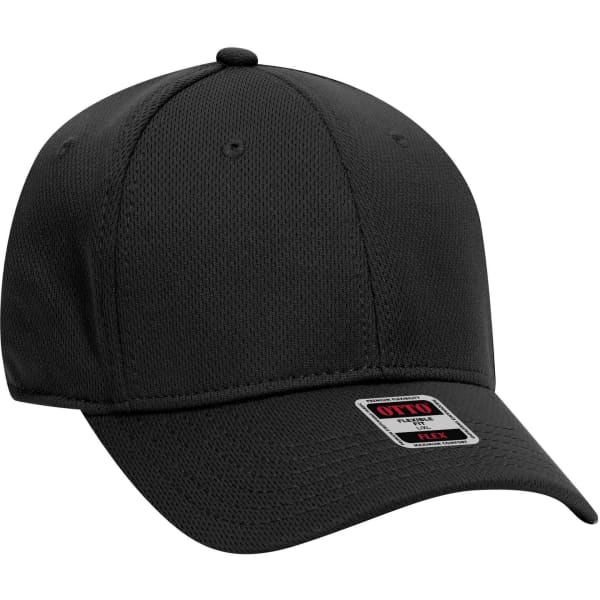 A black 6 panel low profile baseball cap with a logo on the front and a curved brim.