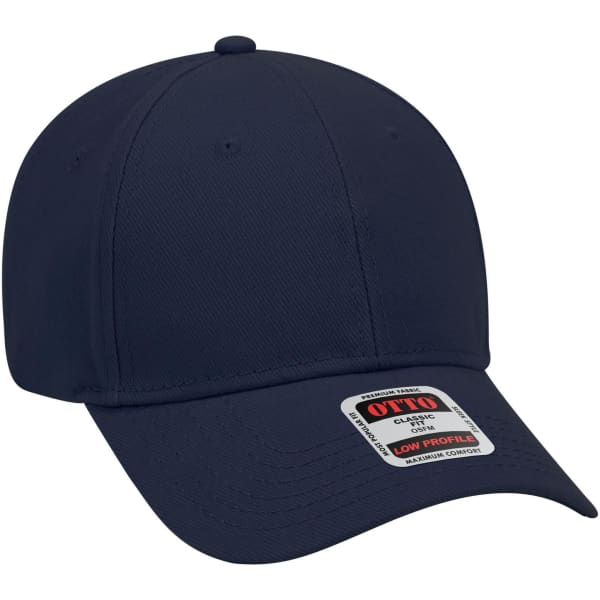 A navy blue 6 panel low profile baseball cap with a logo on the front.