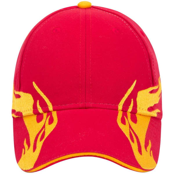 A red low profile baseball cap featuring yellow flame designs and a logo on the front.