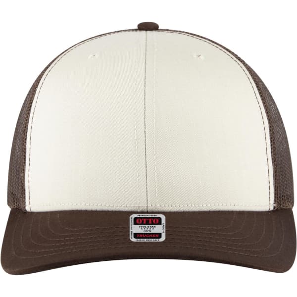 A brown and cream 6-panel mid-profile trucker cap with a mesh back and a circular logo on the front.