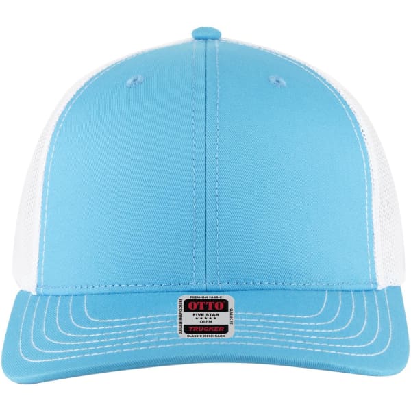 A light blue trucker cap with a mesh back and a logo on the front. It features a mid-profile design.