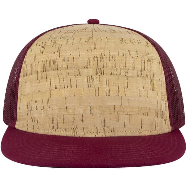 A five-panel trucker cap featuring a cork design in beige and maroon mesh sides. Includes a logo on the front.