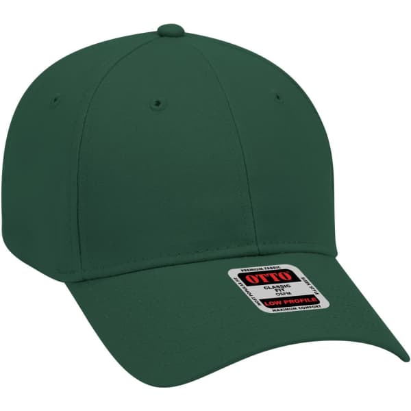 A green 6 panel low profile baseball cap with a logo on the front and a structured design.