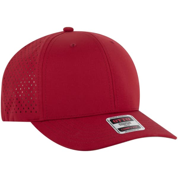A red mid-profile baseball cap with perforated sides and a logo on the front.