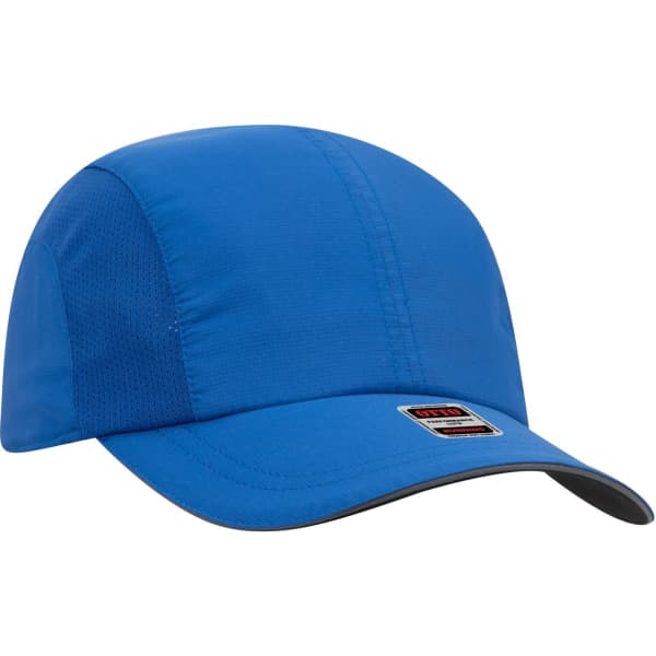A blue reflective six-panel running cap with a branded logo on the front.