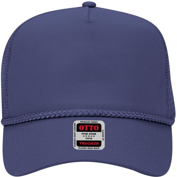 A 5 Panel Mid Profile Trucker Cap in navy blue, featuring a logo and a braided detailing on the front panel.