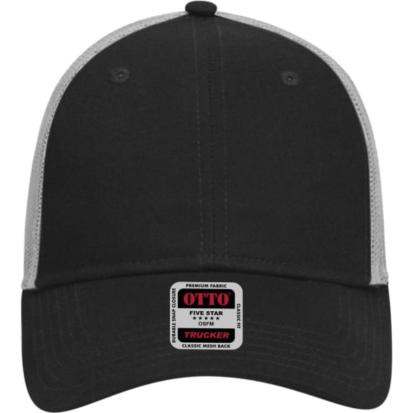 A black and grey 6 panel low profile trucker cap featuring a mesh back and a logo on the front.