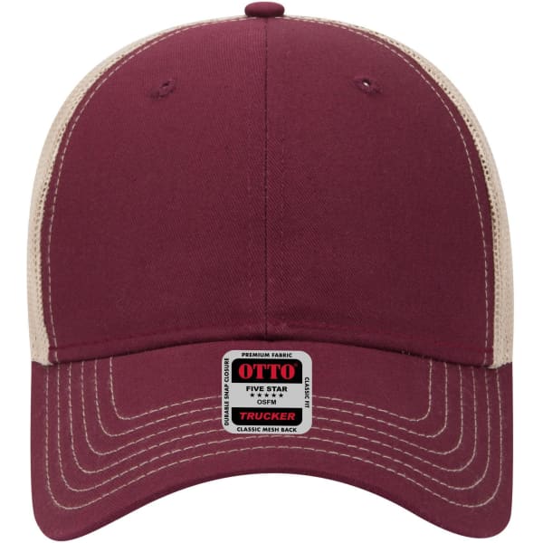 A maroon low-profile trucker cap with a cream mesh back and a logo label on the front.