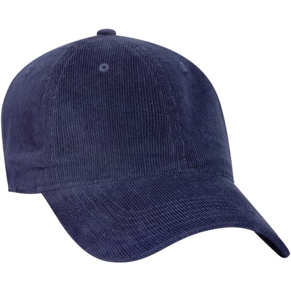 A navy blue, low profile baseball dad cap with a fabric texture and a curved brim. It features a logo.