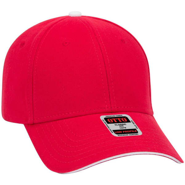 A red 6 panel low profile baseball cap with a logo on the front and contrasting stitching details.