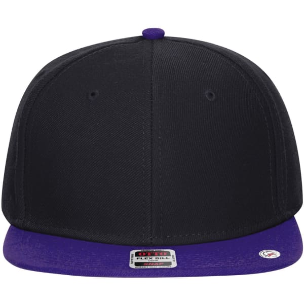 A six-panel mid-profile snapback cap featuring a purple visor and a black crown, with a logo on the side.