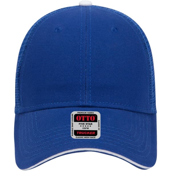 A blue 6 panel low profile trucker cap with a mesh back and a branding label on the front.