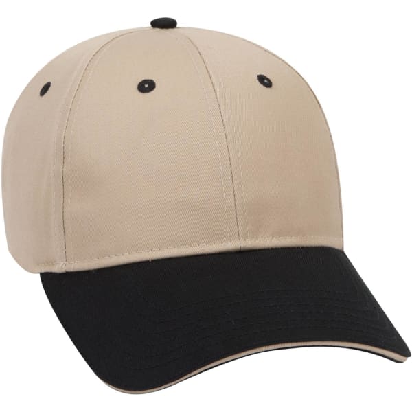 A beige and black 6 panel low profile baseball cap with a logo on the front.
