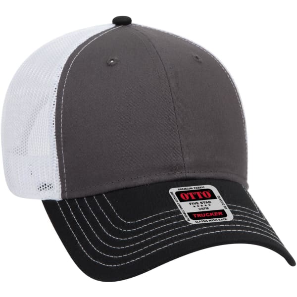 A grey and black 6 panel low profile trucker cap with a white mesh back and a label on the front.