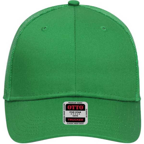 A green 6 panel low profile trucker cap with a mesh back and a logo label on the side.
