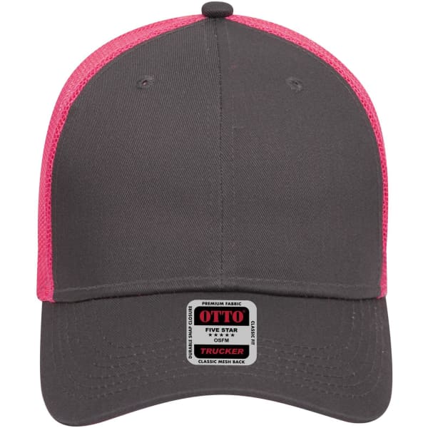 A grey trucker cap with a pink mesh back and an adjustable snap closure. It features a logo on the front.