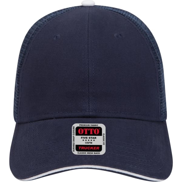 A navy blue 6 panel low profile trucker cap with a mesh back and a logo label on the front.