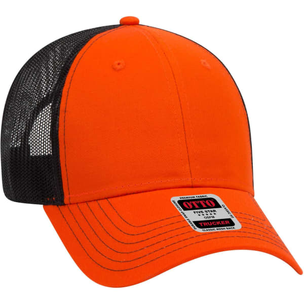 An orange 6 panel low profile trucker cap featuring a black mesh back and a logo on the front.