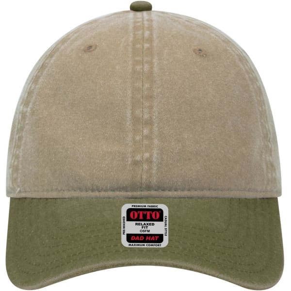 A 6 panel low profile dad cap featuring a beige top and an olive green brim, with a logo on the front.